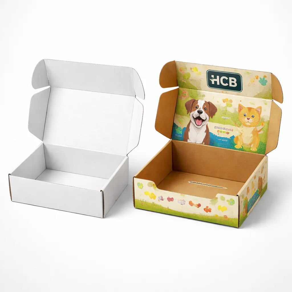 Two open vertical cardboard boxes, one minimalist white and one with vibrant colourful pet-themed printing. class=